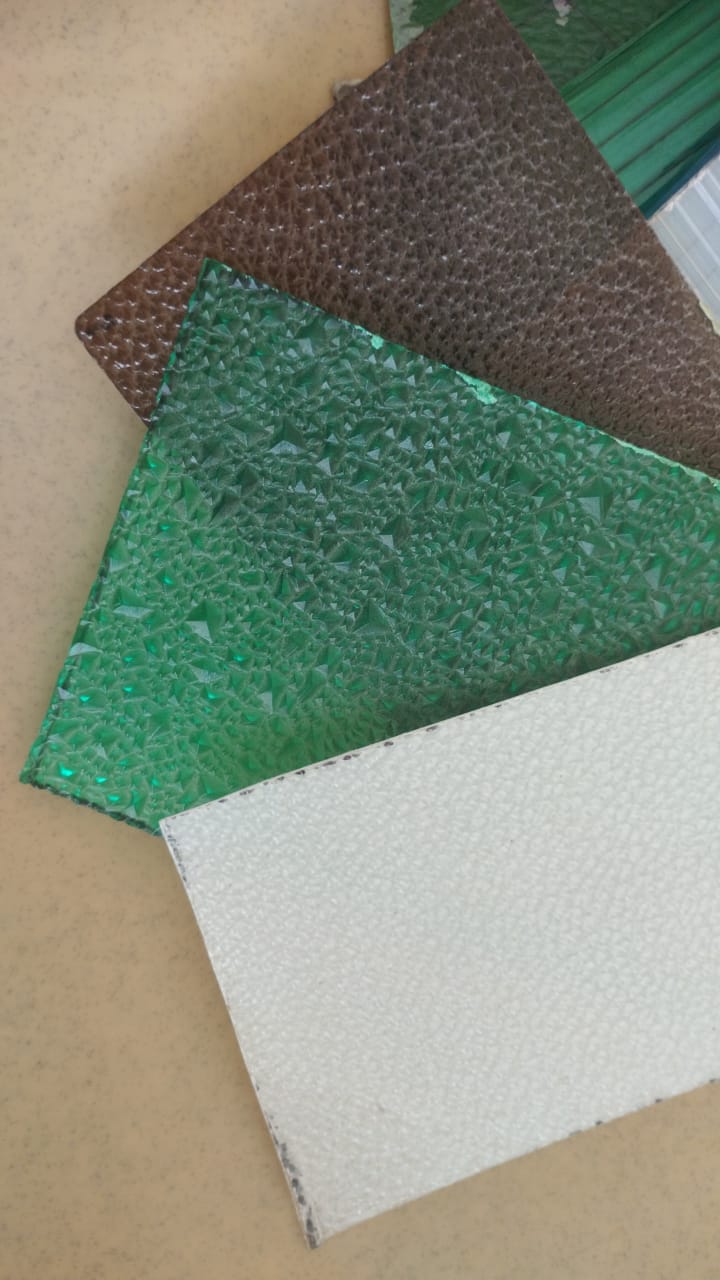 Fanned diamond-textured samples in cream, green, and brown showing colour and texture options.