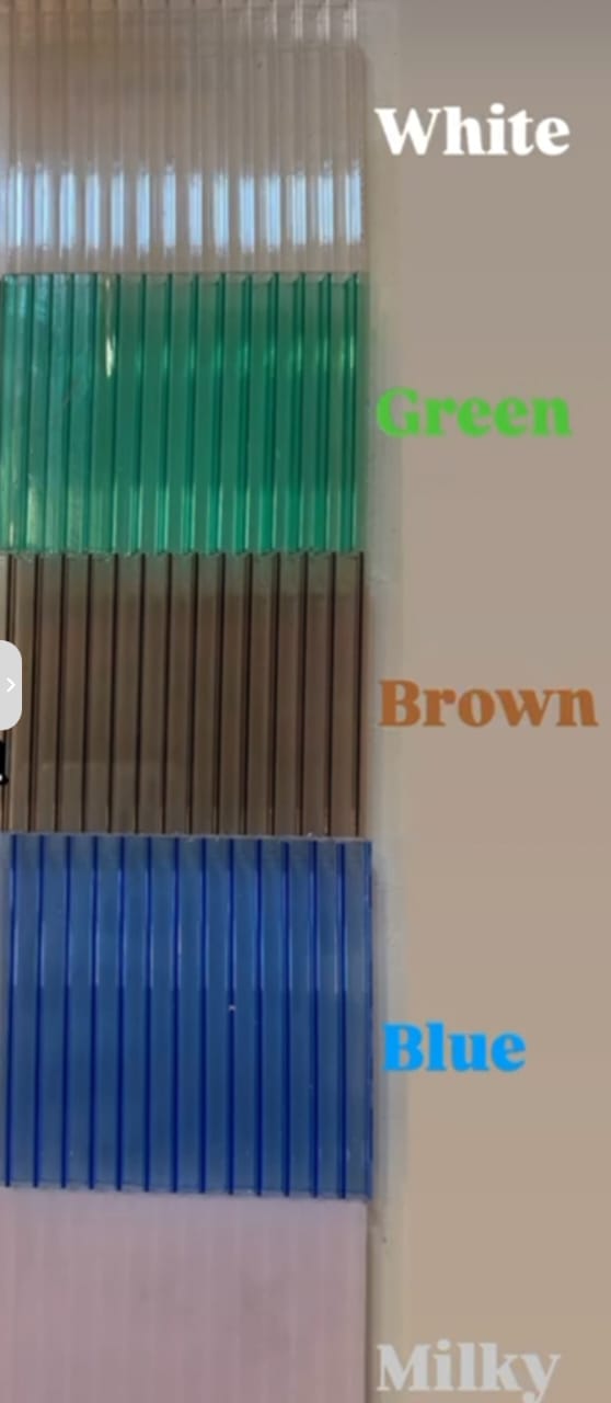 Multiwall sheet samples in multiple colours showing fluted profiles.